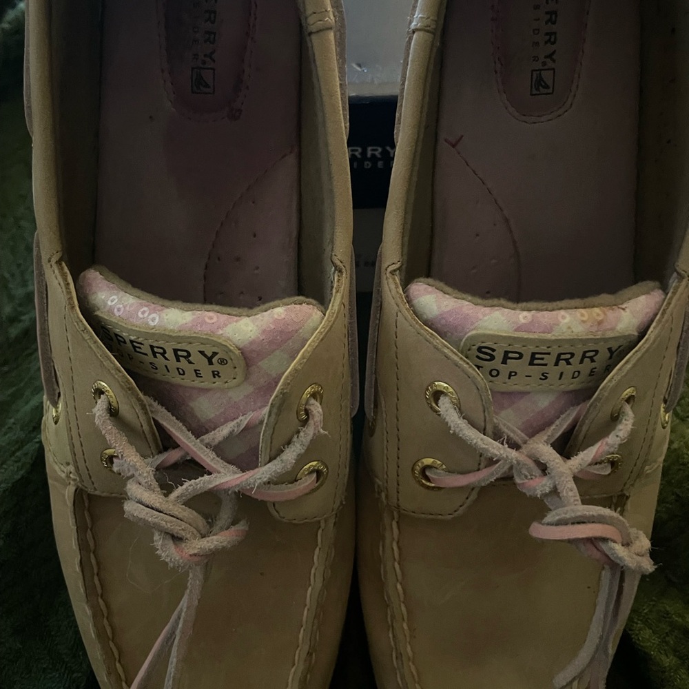 Sperry Tan Leather Boat Shoes with Pink Accents